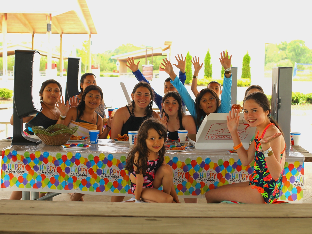 Group of children celebrating a birthday at a picnic table